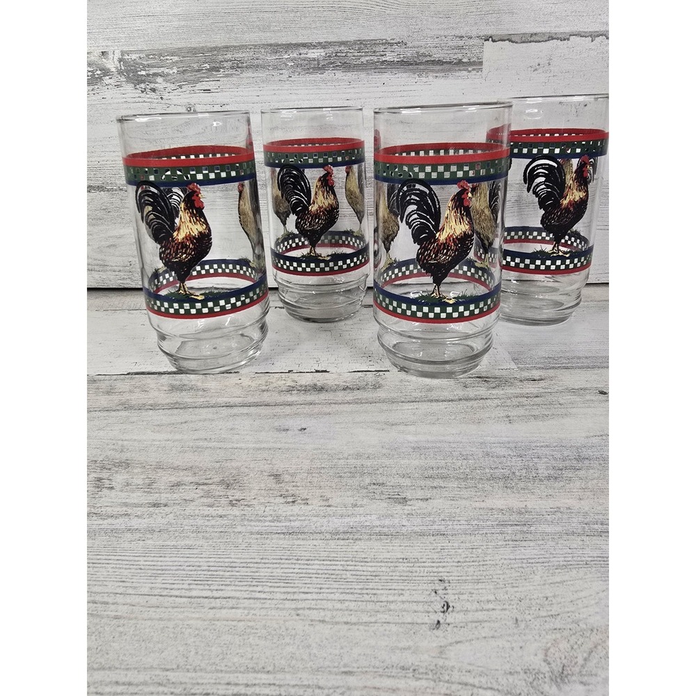 Vintage Rooster Highball Glasses Set of 4 Farmhouse Checkered Border 6 Inch 12oz